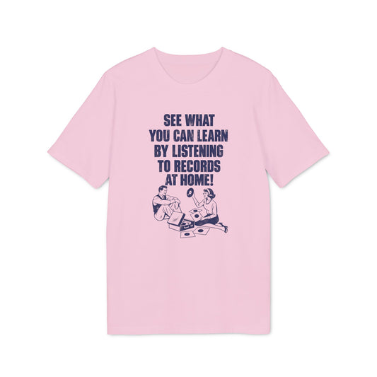 Pink t-shirt with "See what you can learn by listening to records at home!" text and illustration.