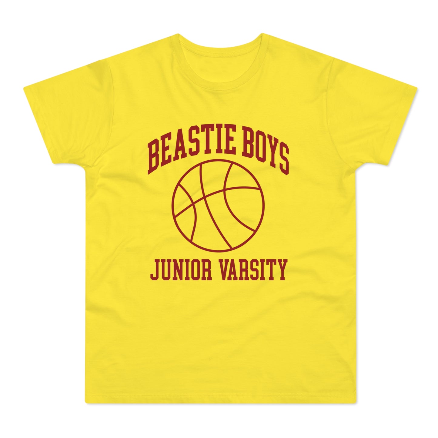Yellow t-shirt with "Beastie Boys Junior Varsity" and basketball logo.