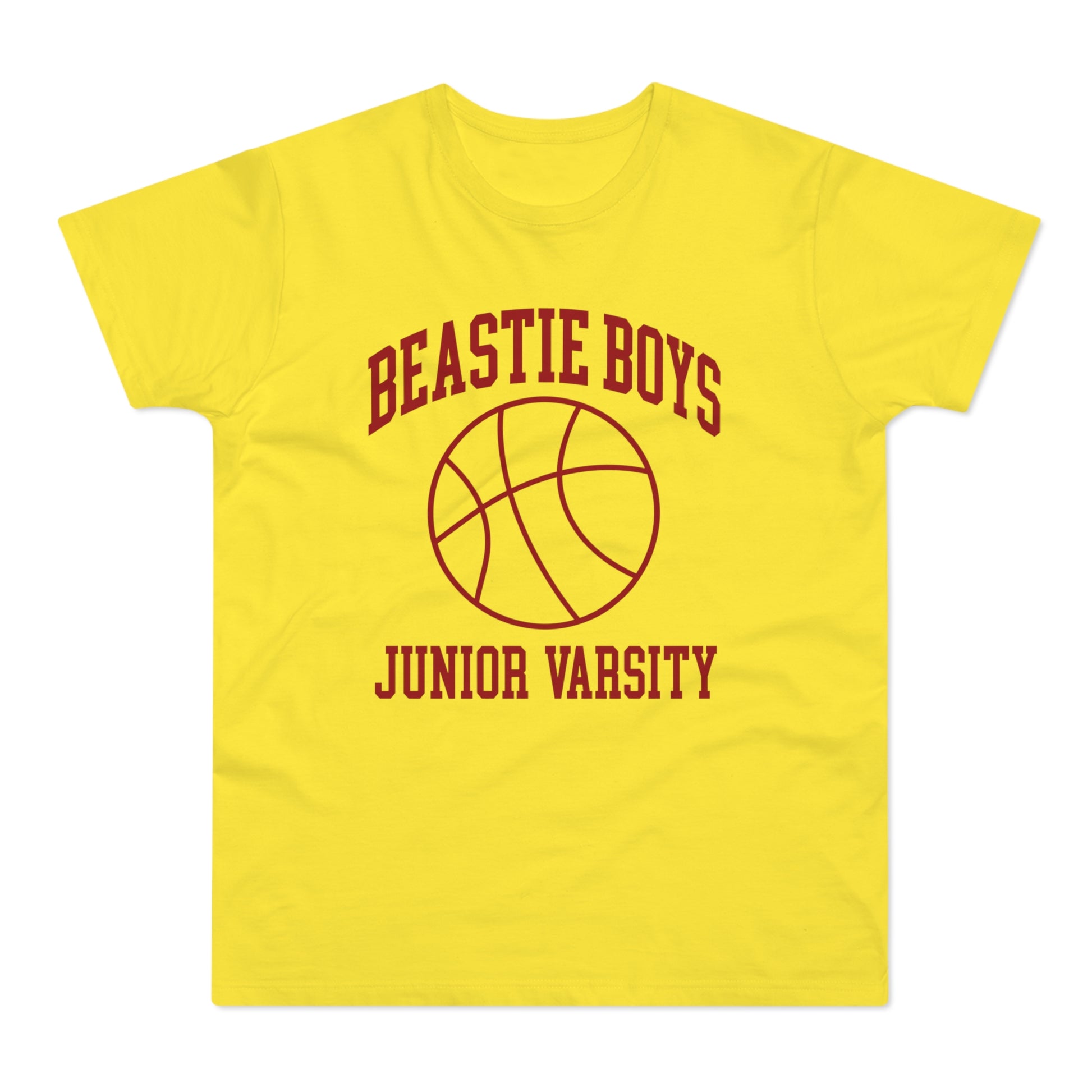 Yellow t-shirt with "Beastie Boys Junior Varsity" and basketball logo.