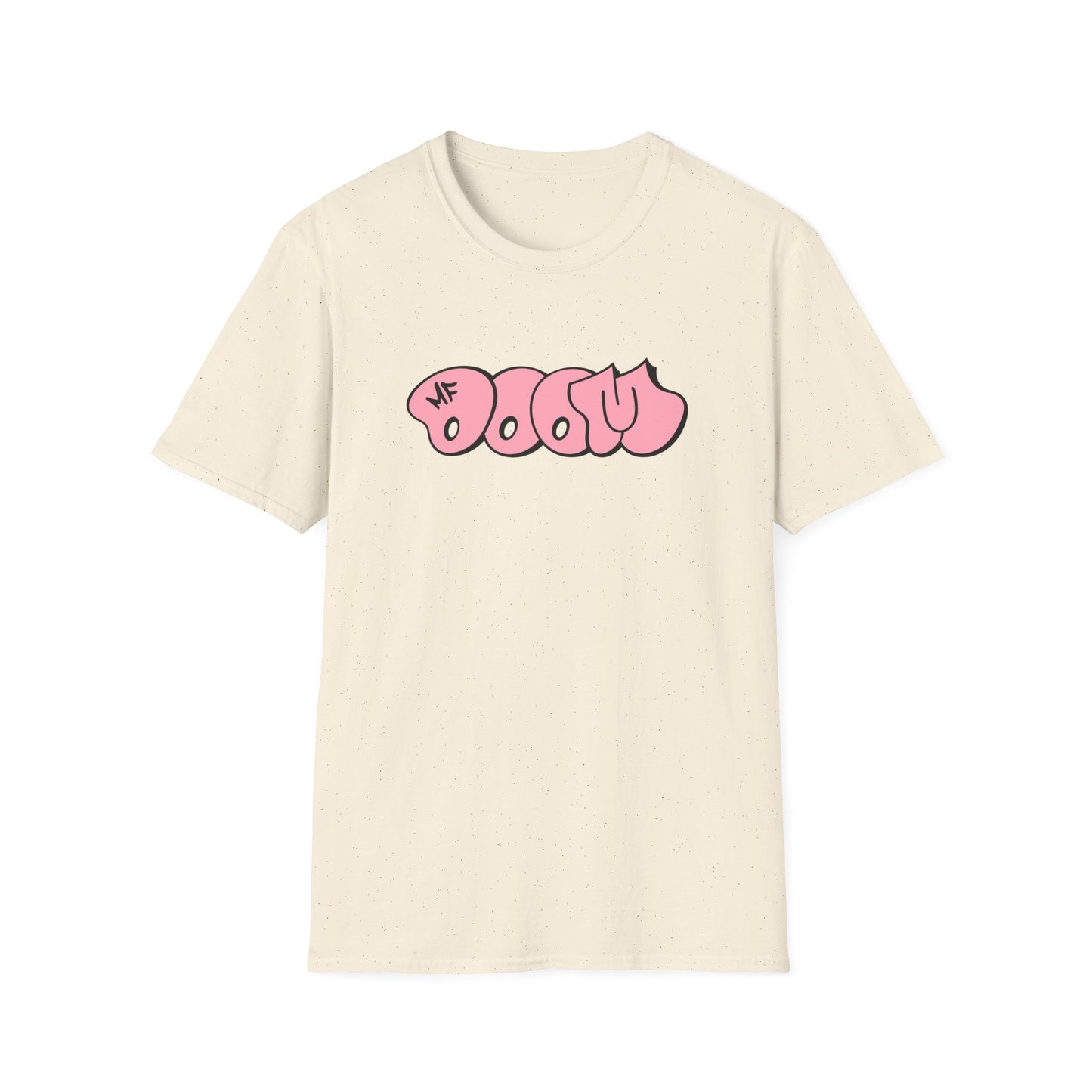 Cream t-shirt with pink "MF DOOM" graffiti-style text printed on the front.