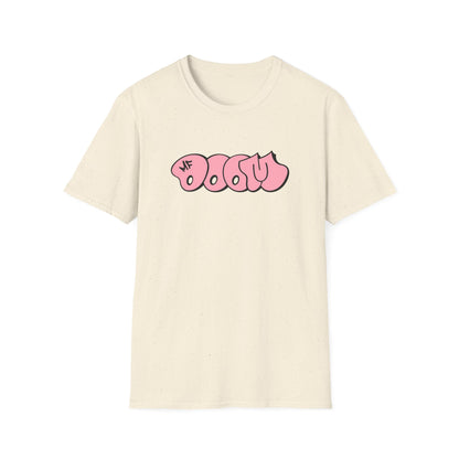 Cream t-shirt with pink "MF DOOM" graffiti-style text printed on the front.