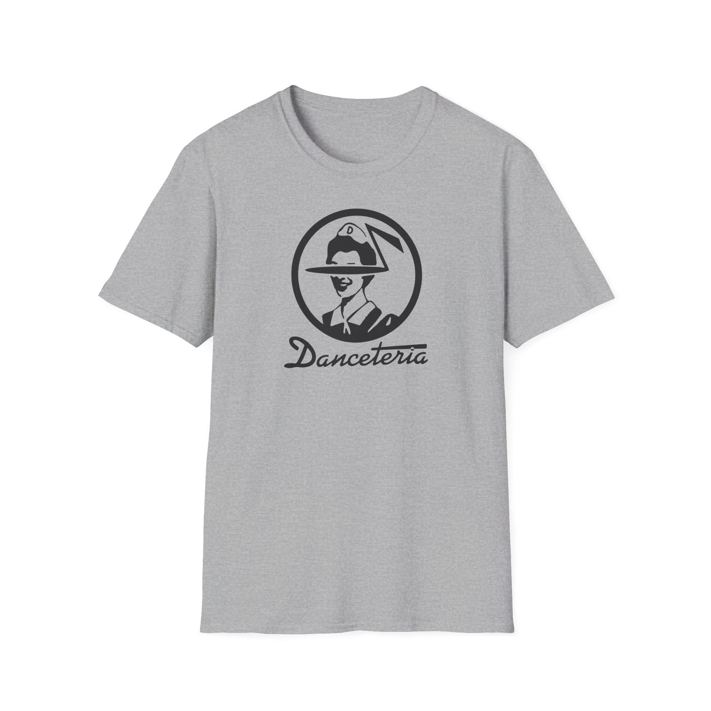 Grey t-shirt with circular logo featuring a stylized person and "Danceteria" text.