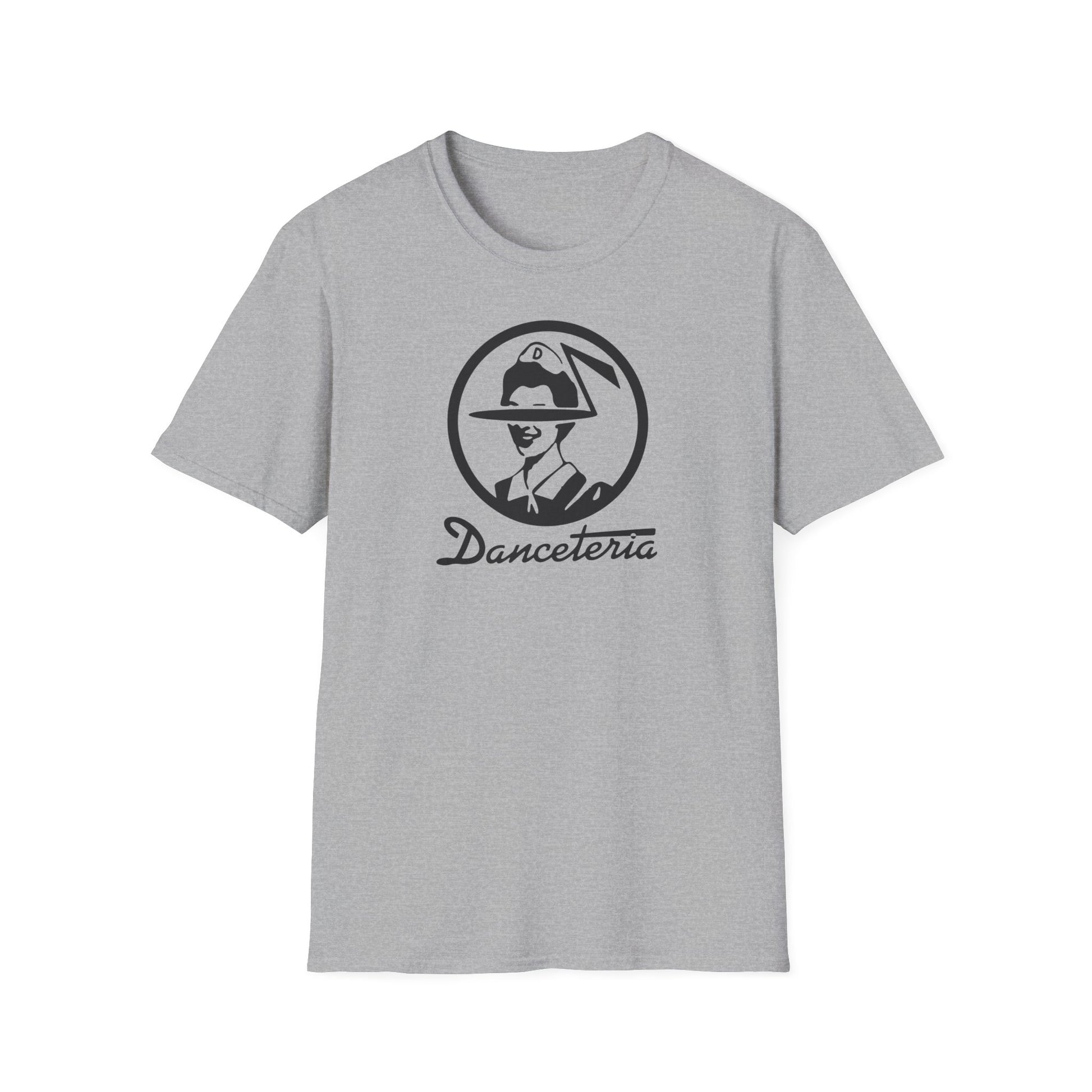 Grey t-shirt with circular logo featuring a stylized person and "Danceteria" text.