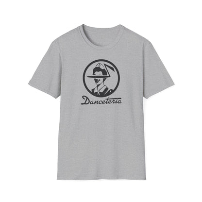 Grey t-shirt with circular logo featuring a stylized person and "Danceteria" text.