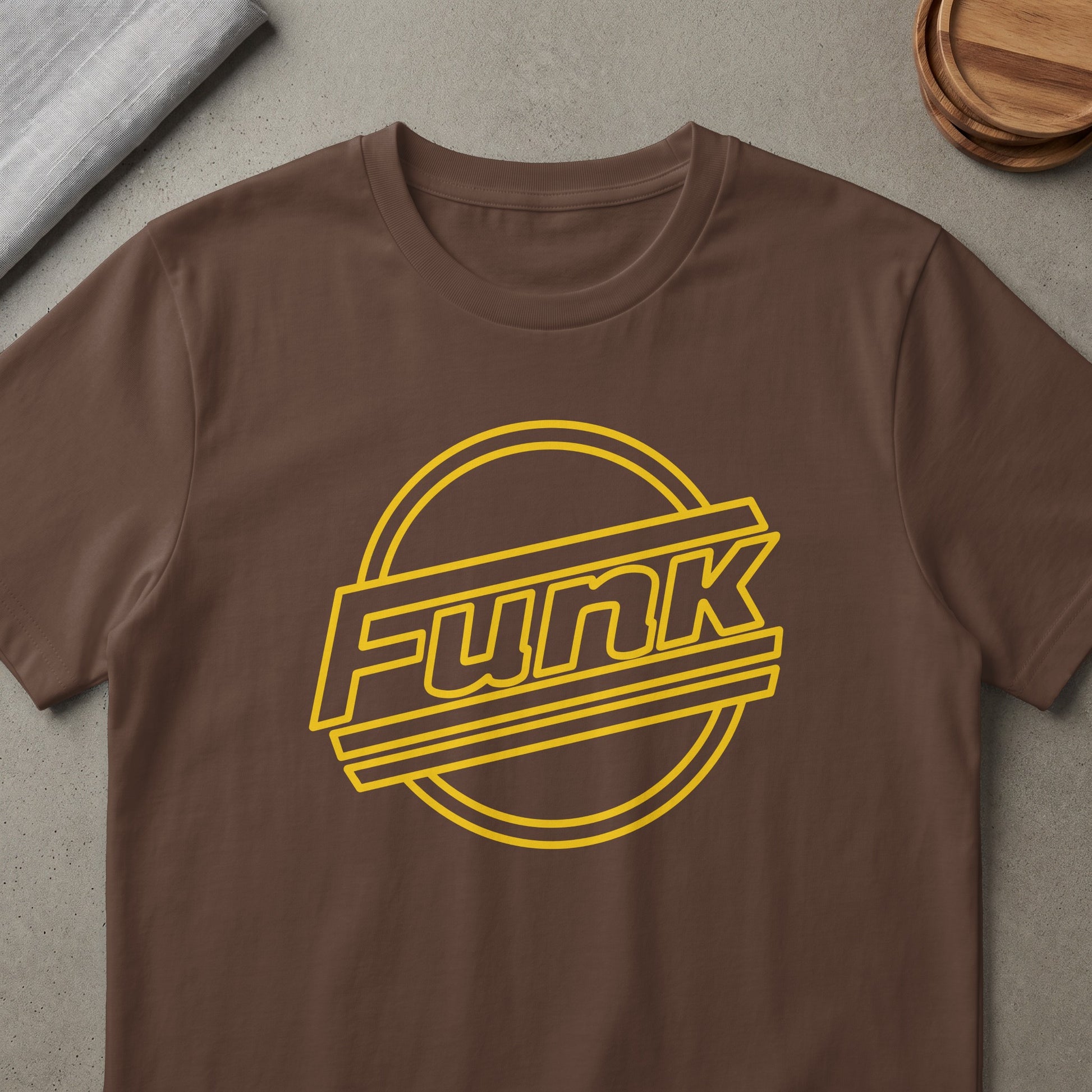 Brown t-shirt with yellow "Funk" text inside a circular badge.