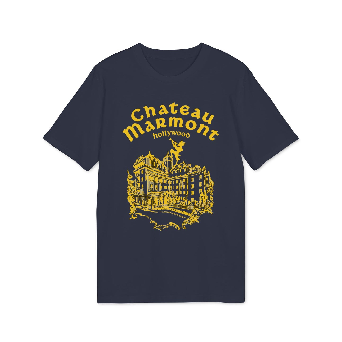 Chateau Marmont Hollywood graphic on a dark blue t-shirt.