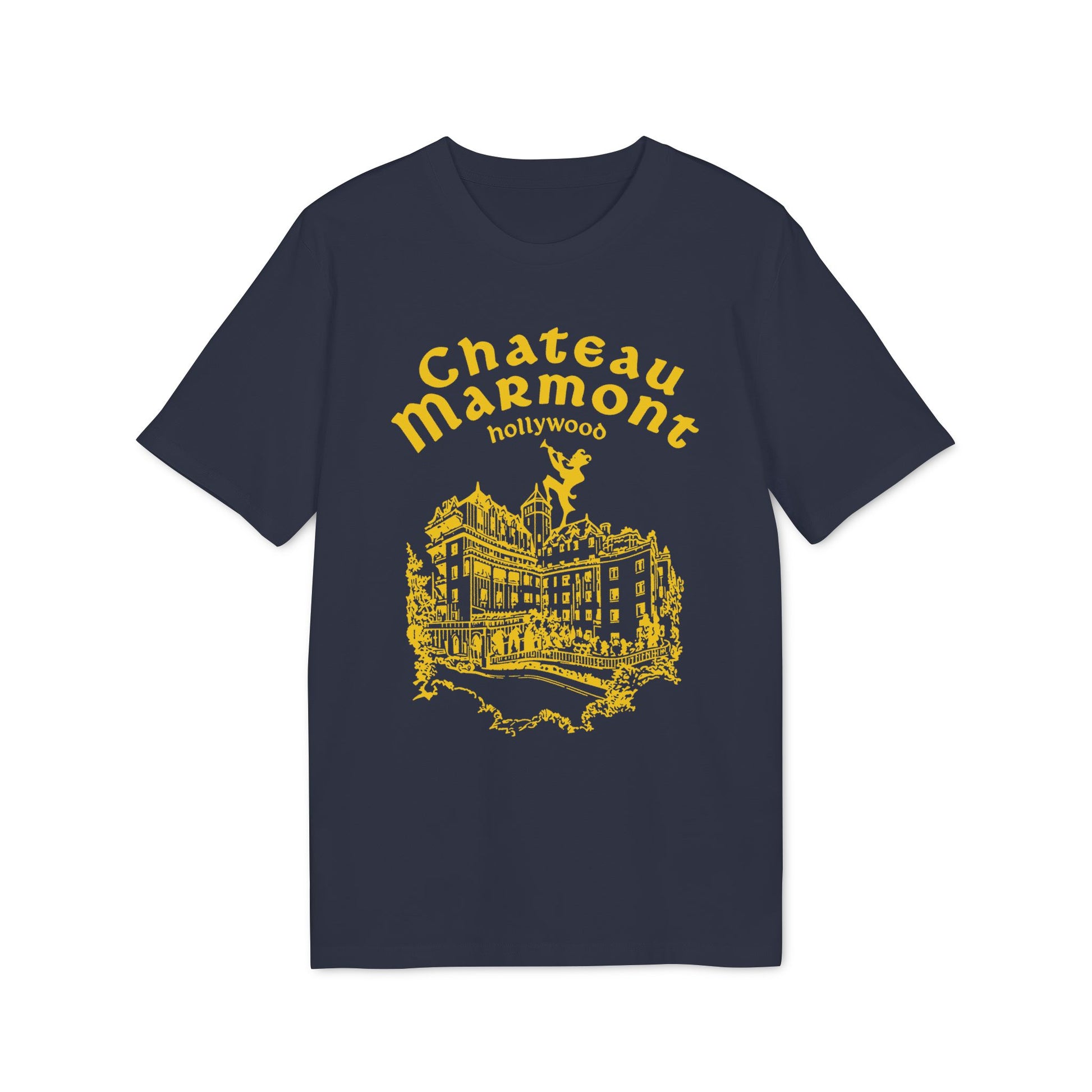 Chateau Marmont Hollywood graphic on a dark blue t-shirt.