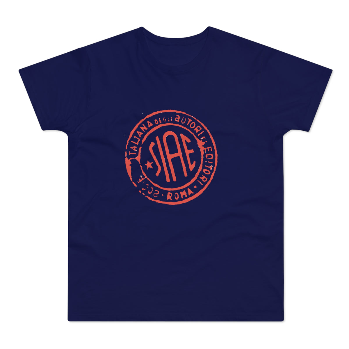 Navy t-shirt with a distressed orange SIAE logo and text.