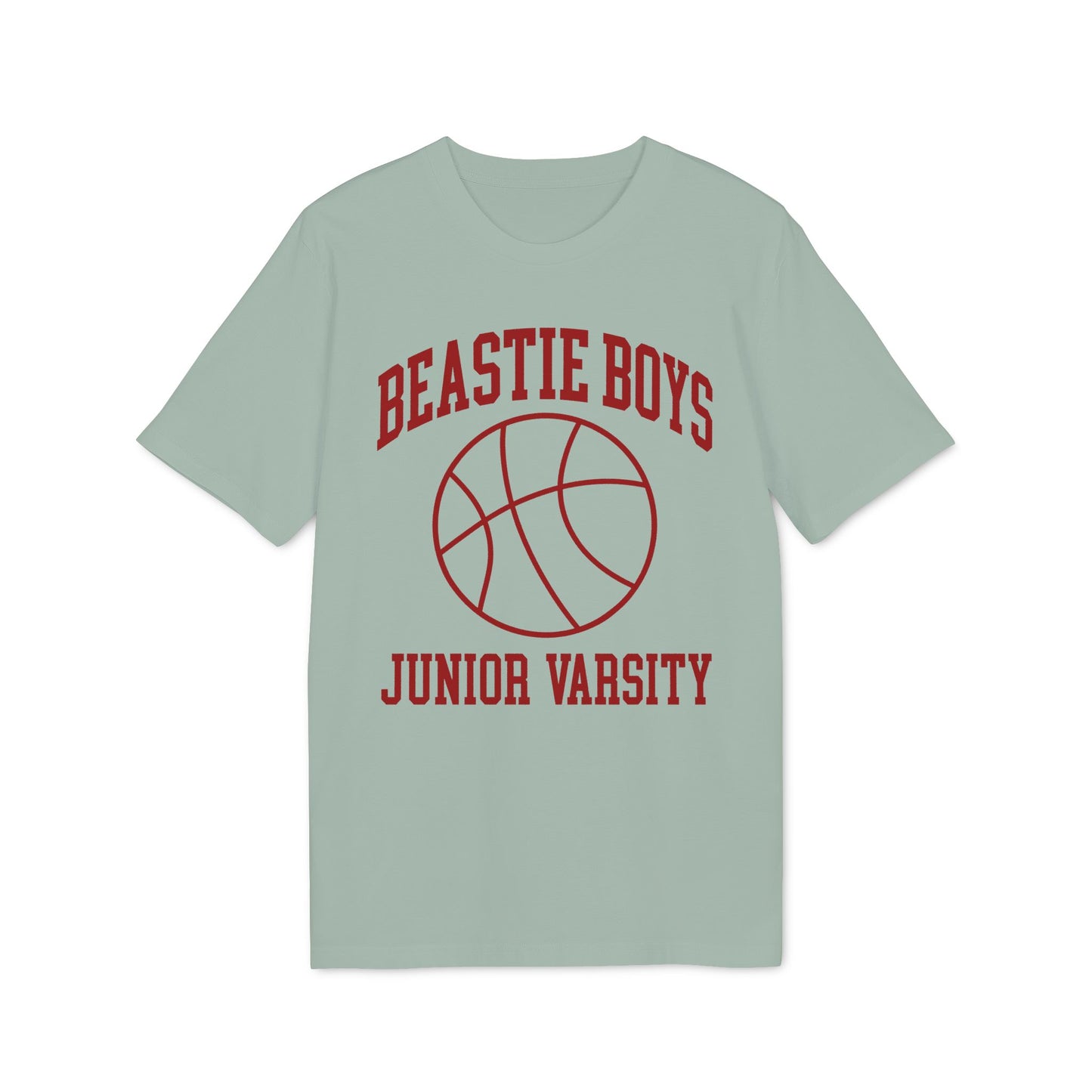 Light grey t-shirt with red text "BEASTIE BOYS" and basketball graphic above "JUNIOR VARSITY".