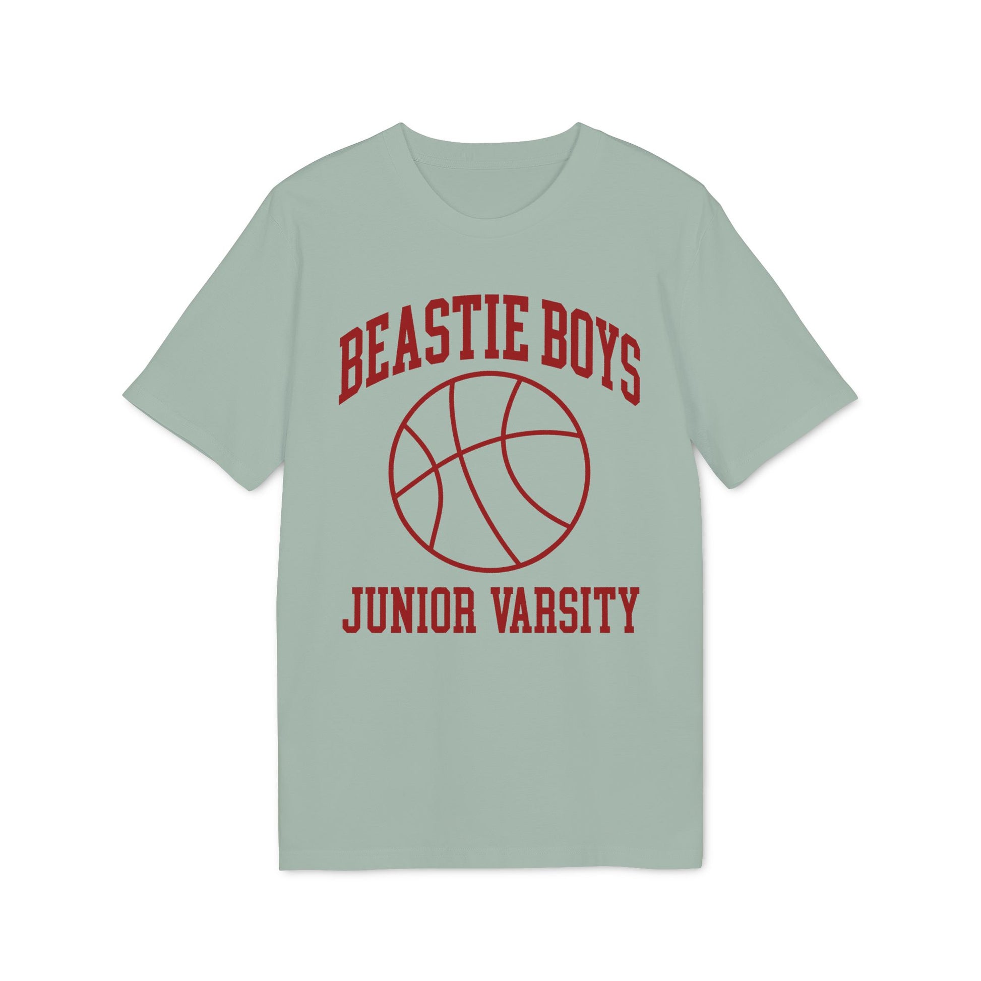 Light grey t-shirt with red text "BEASTIE BOYS" and basketball graphic above "JUNIOR VARSITY".