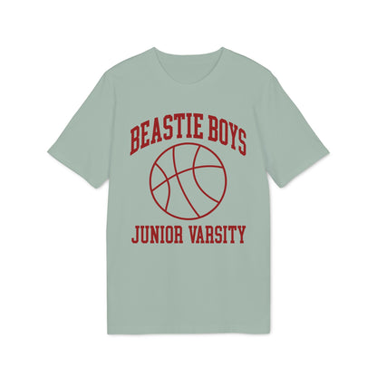 Light grey t-shirt with red text "BEASTIE BOYS" and basketball graphic above "JUNIOR VARSITY".