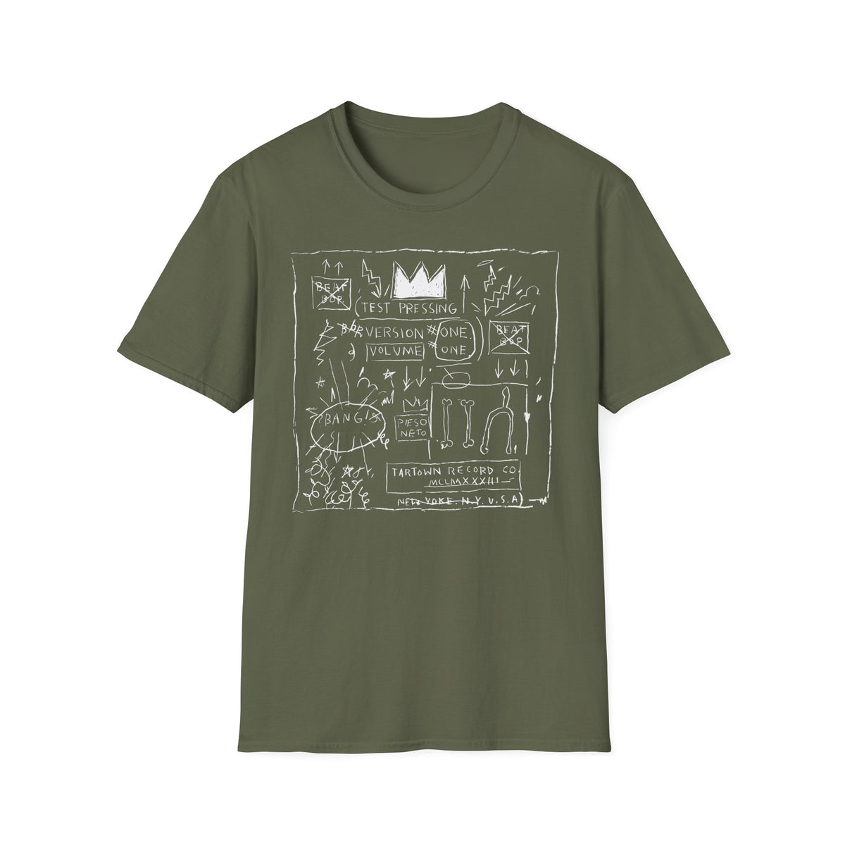 Green t-shirt with a white line drawing of text and graphics, including a crown and bones.