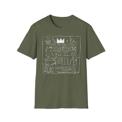 Green t-shirt with a white line drawing of text and graphics, including a crown and bones.