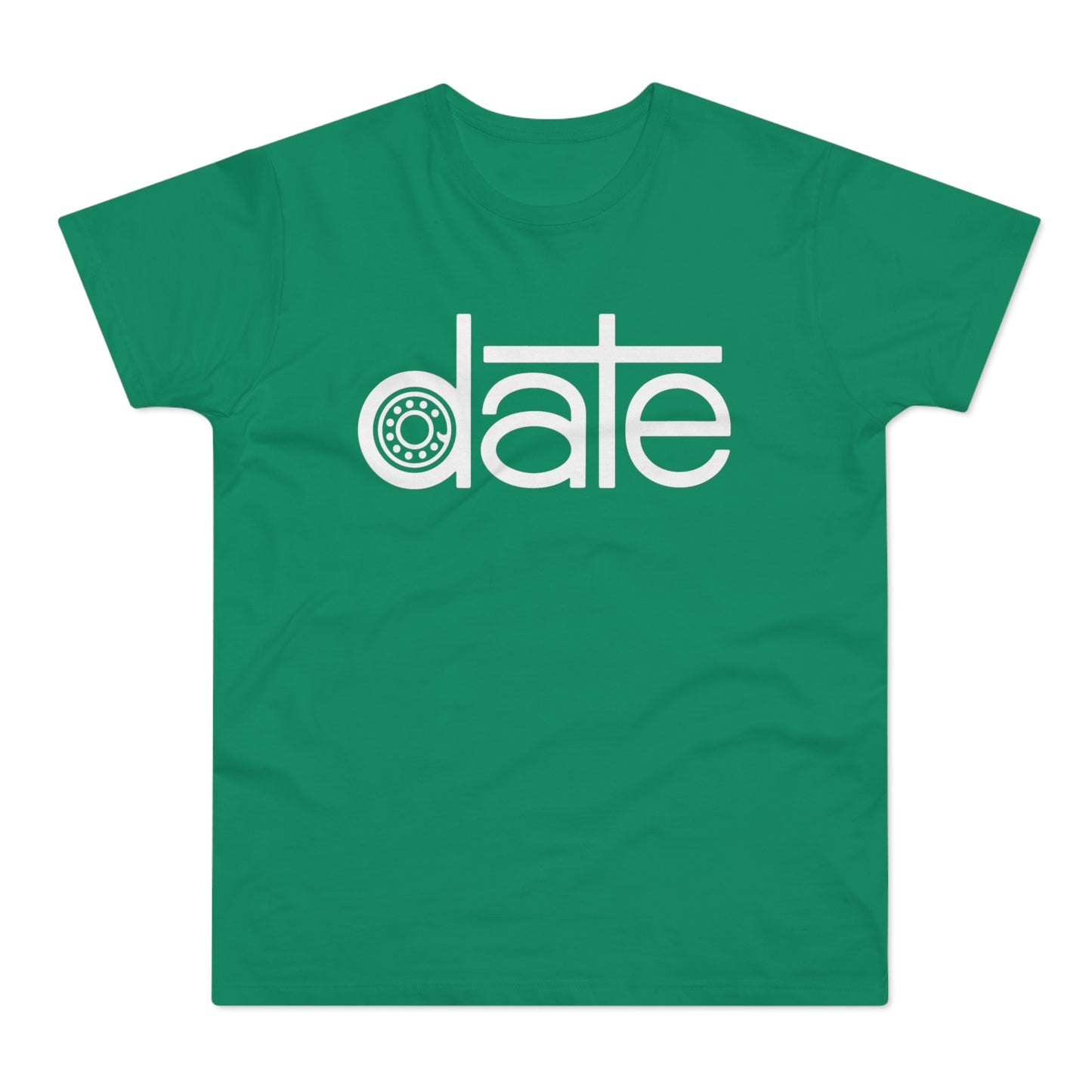 Green t-shirt with white "date" text and a bearing graphic.