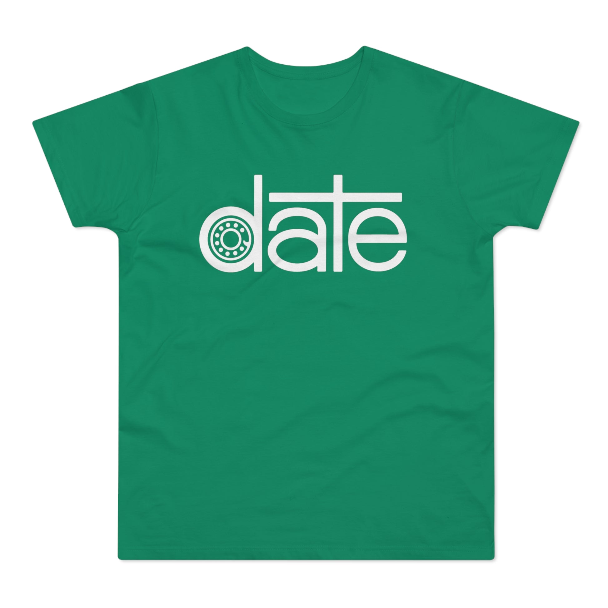 Green t-shirt with white "date" text and a bearing graphic.