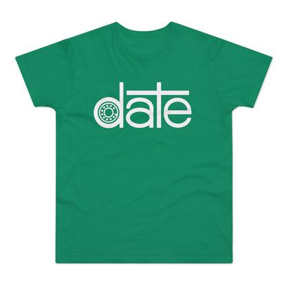 Green t-shirt with white "date" text and a bearing graphic.