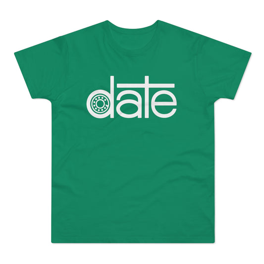 Green t-shirt with white "date" text and a bearing graphic.