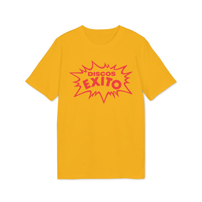 Yellow t-shirt with red "Discos Exito" text in a starburst design.