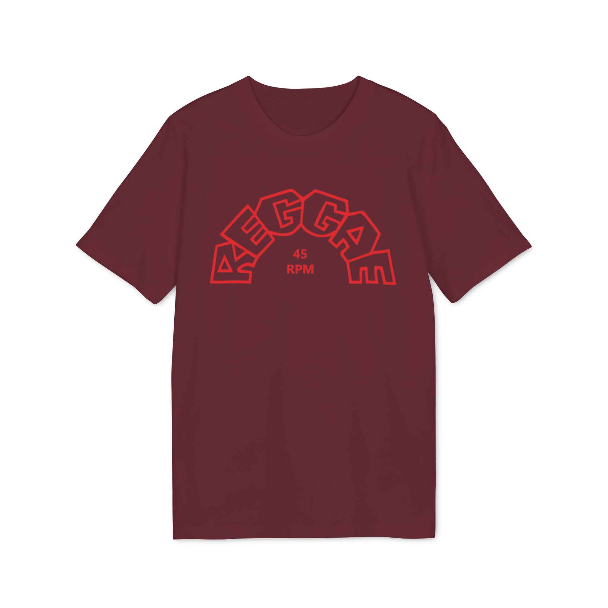 Maroon t-shirt with red arc text "REGGAE" and "45 RPM" on the front.