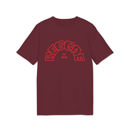 Maroon t-shirt with red arc text "REGGAE" and "45 RPM" on the front.