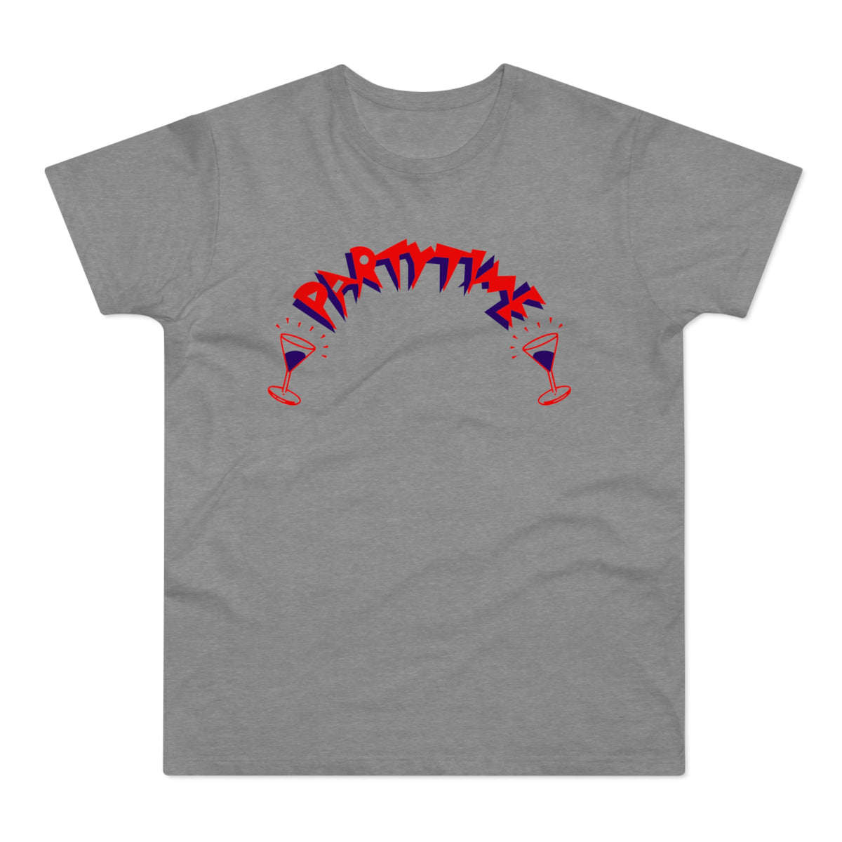 Grey t-shirt with "PARTY TIME" text and martini glasses graphic.