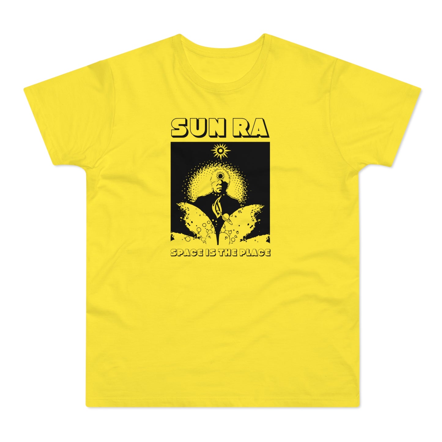 Yellow t-shirt with "SUN RA SPACE IS THE PLACE" graphic.