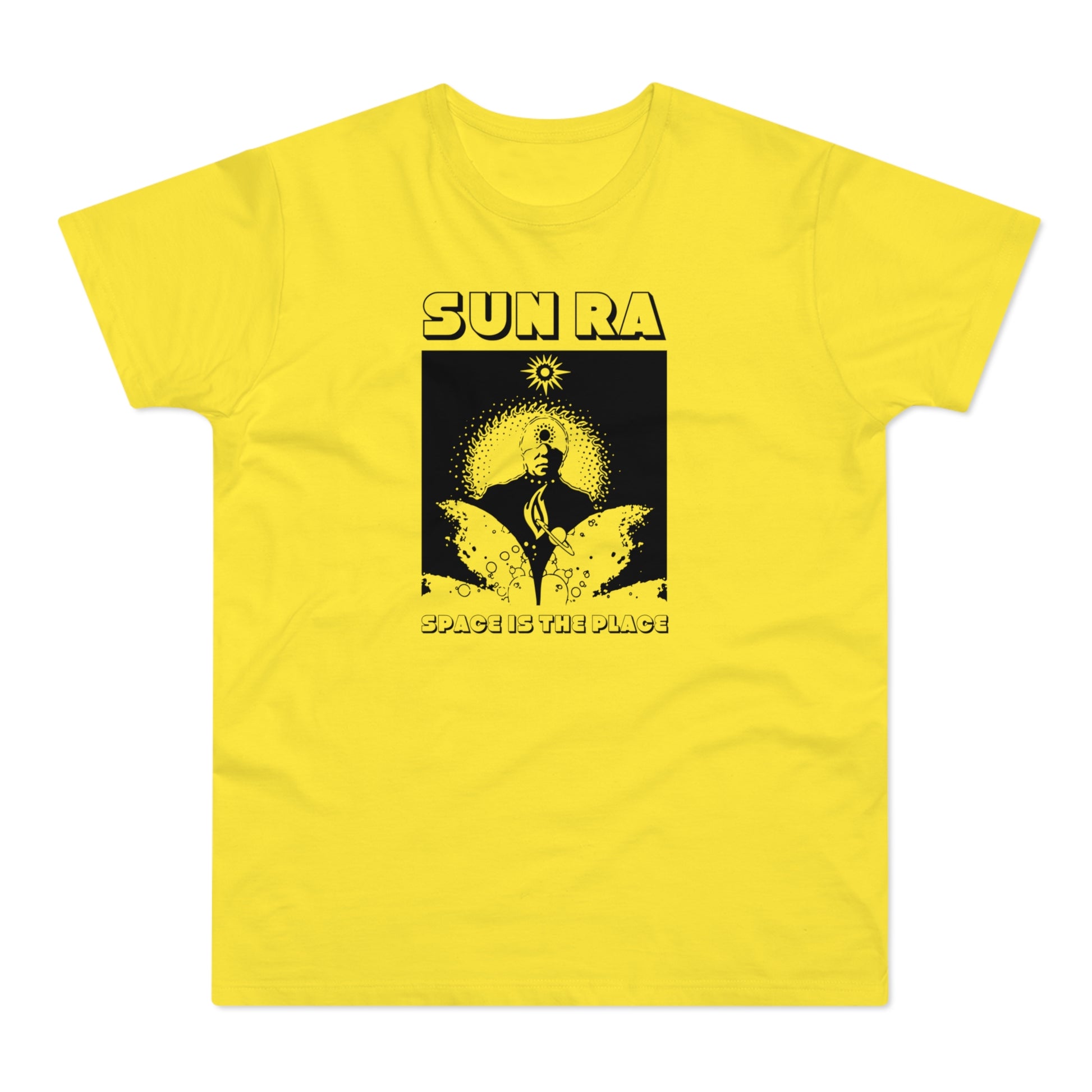 Yellow t-shirt with "SUN RA SPACE IS THE PLACE" graphic.