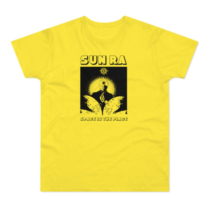 Yellow t-shirt with "SUN RA SPACE IS THE PLACE" graphic.