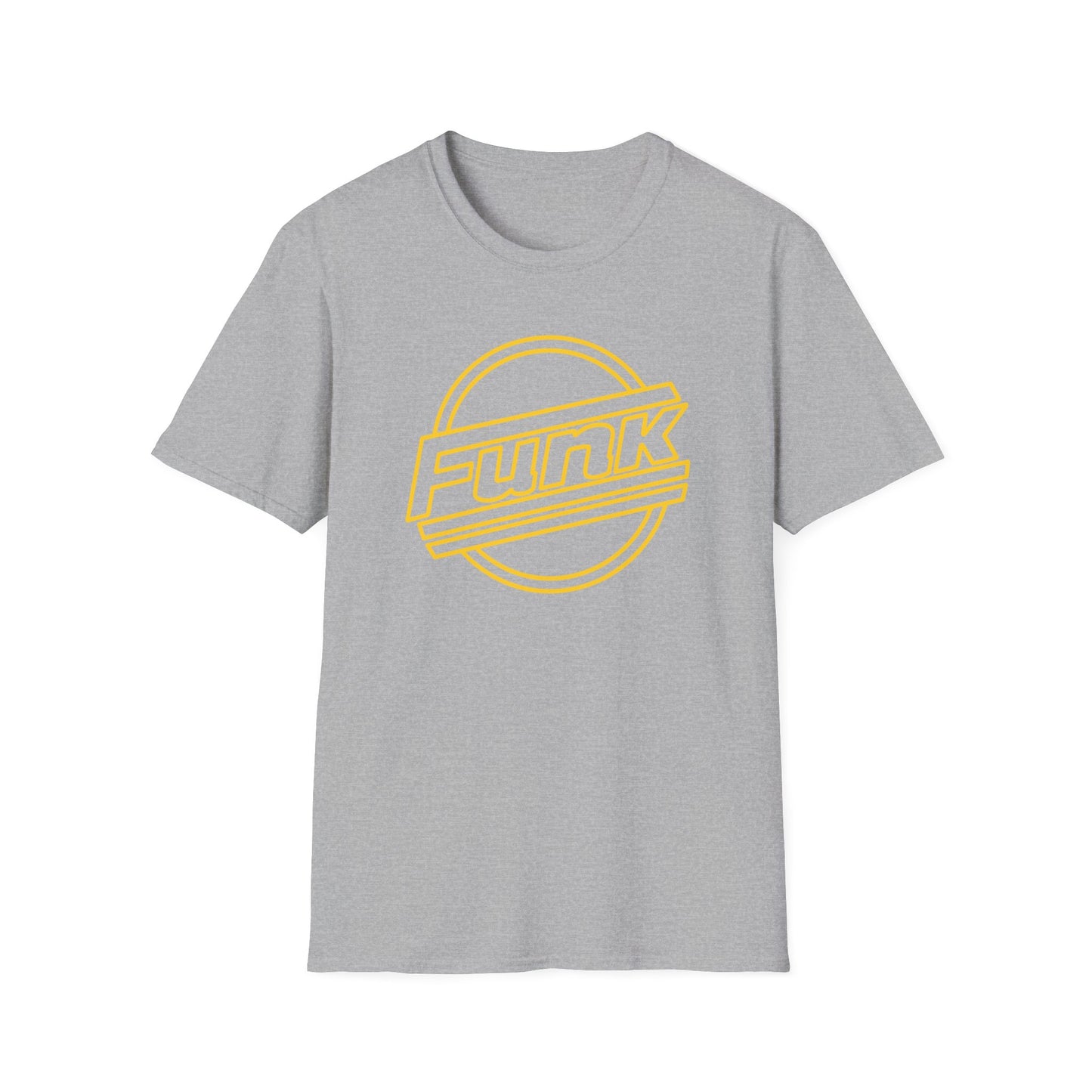 Grey t-shirt with yellow "Funk" text in a circle.
