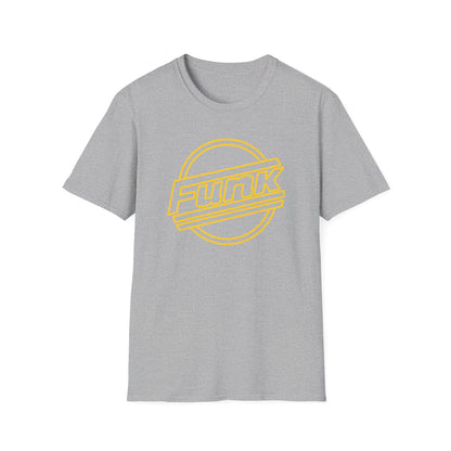 Grey t-shirt with yellow "Funk" text in a circle.