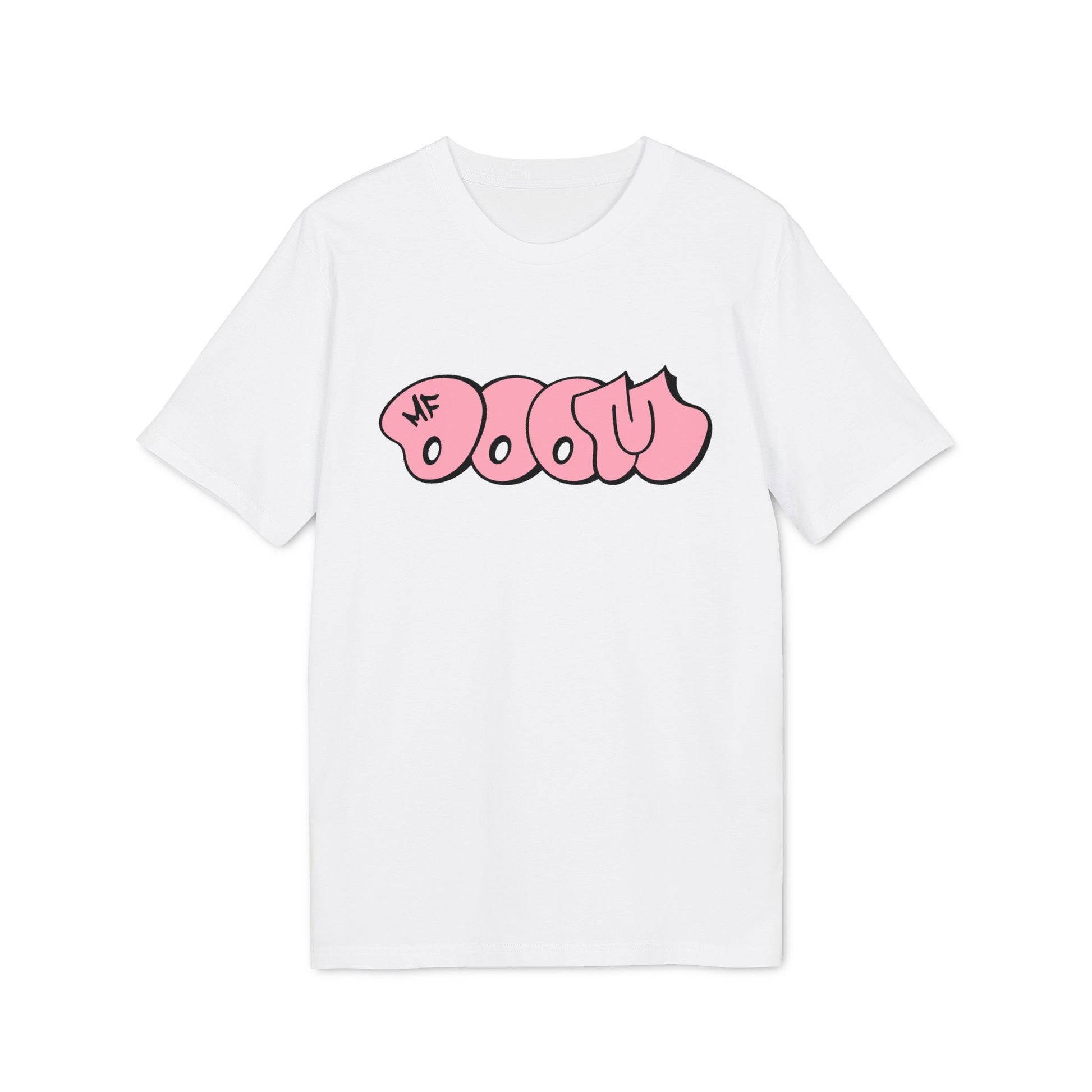 White t-shirt with pink "DAU" graffiti text and "MF" logo.