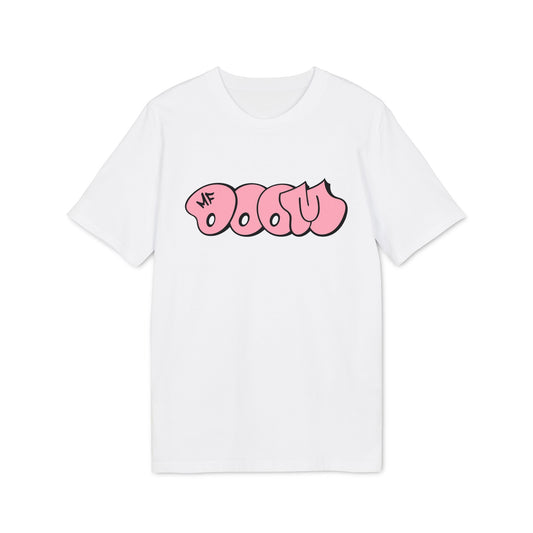 White t-shirt with pink "DAU" graffiti text and "MF" logo.