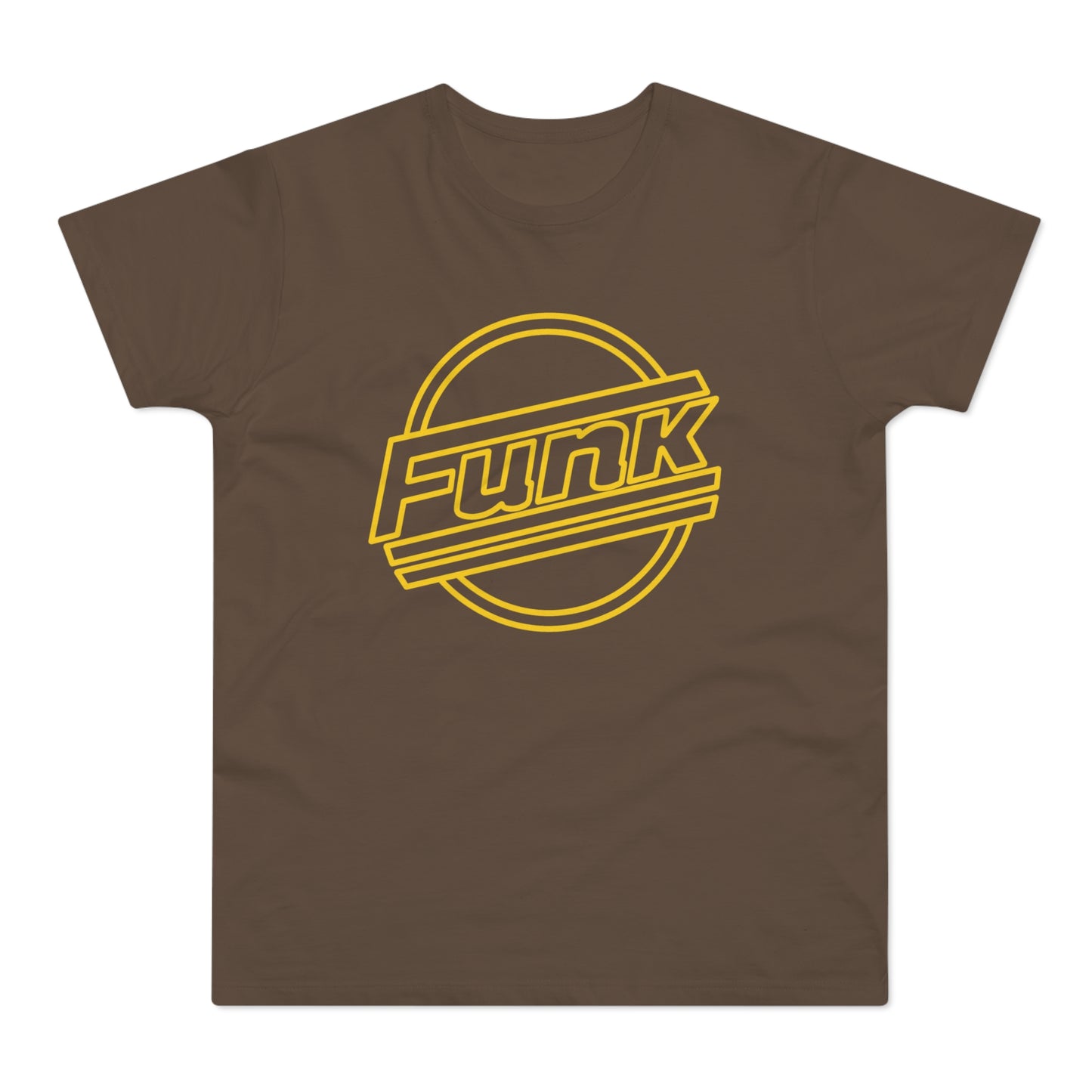 Brown t-shirt with a yellow outlined "Funk" logo inside a circular graphic.