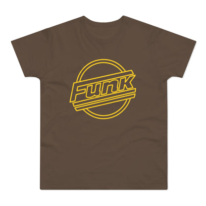 Brown t-shirt with a yellow outlined "Funk" logo inside a circular graphic.