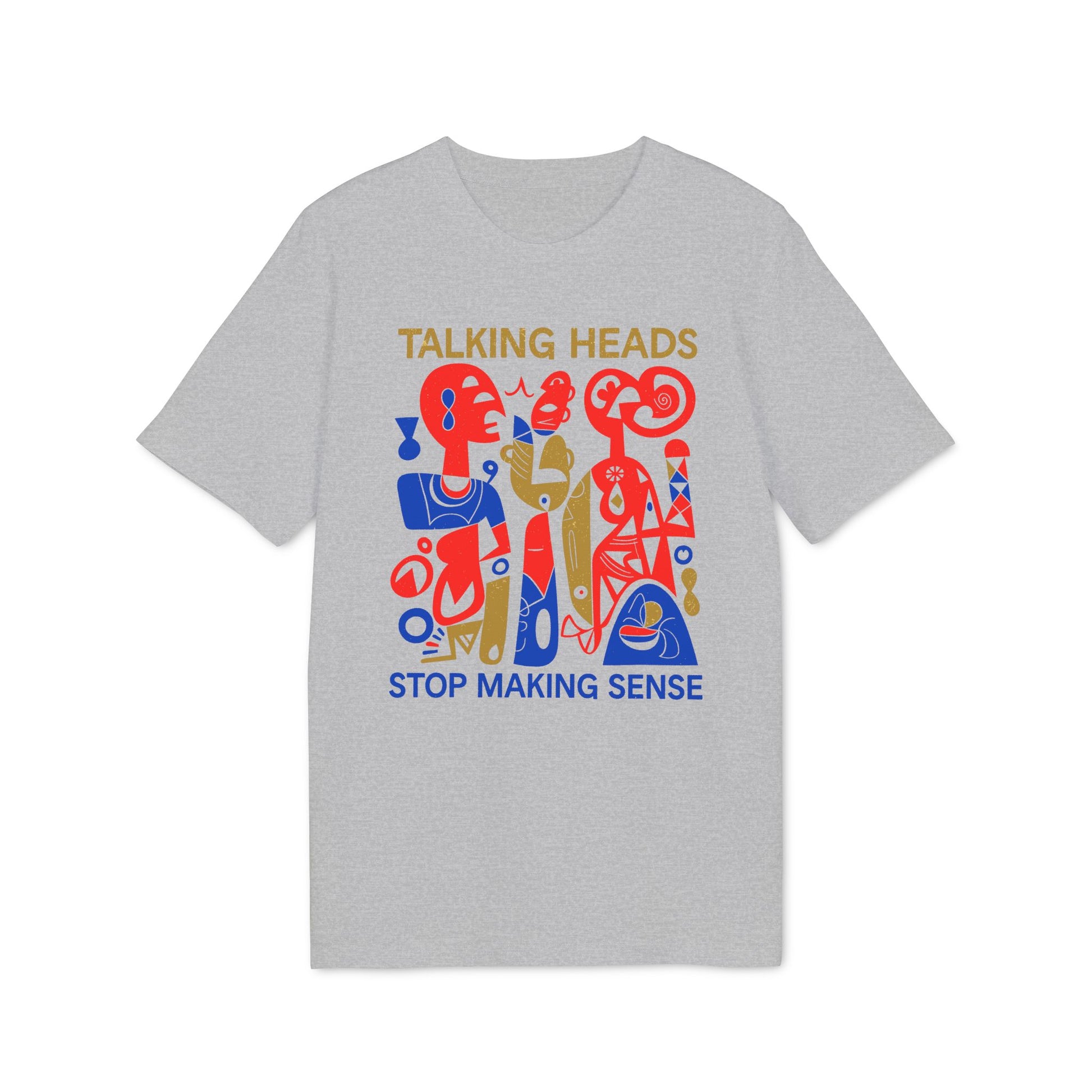Grey t-shirt with "Talking Heads" and "Stop Making Sense" text and abstract figures.