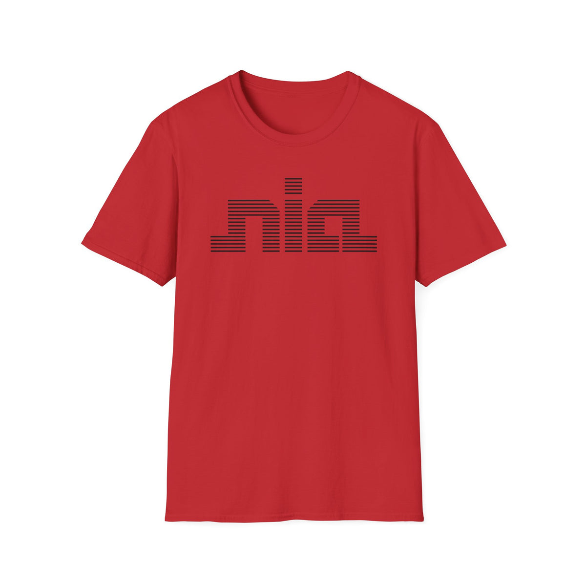 Red t-shirt with horizontal black lines forming the word "nix"