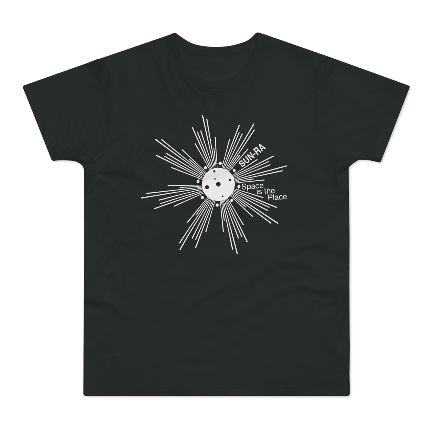 Black t-shirt with a white graphic of a sun-like design and text "SUN-RA Space is the Place".
