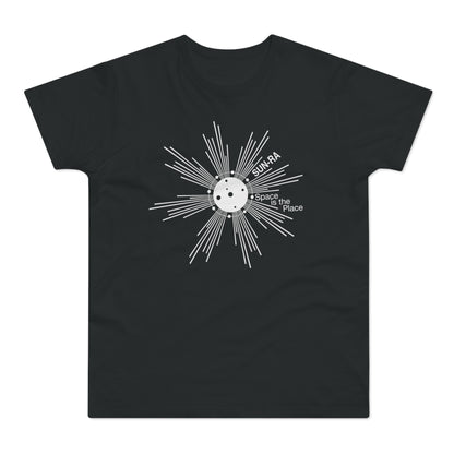 Black t-shirt with a white graphic of a sun-like design and text "SUN-RA Space is the Place".