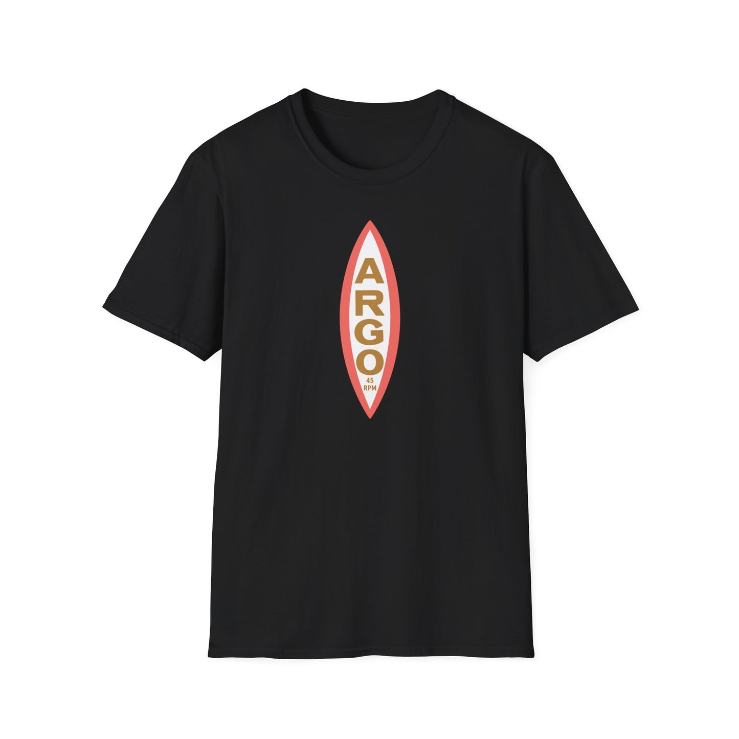 Black t-shirt with a vertical oval logo featuring "ARGO" and "45 RPM".