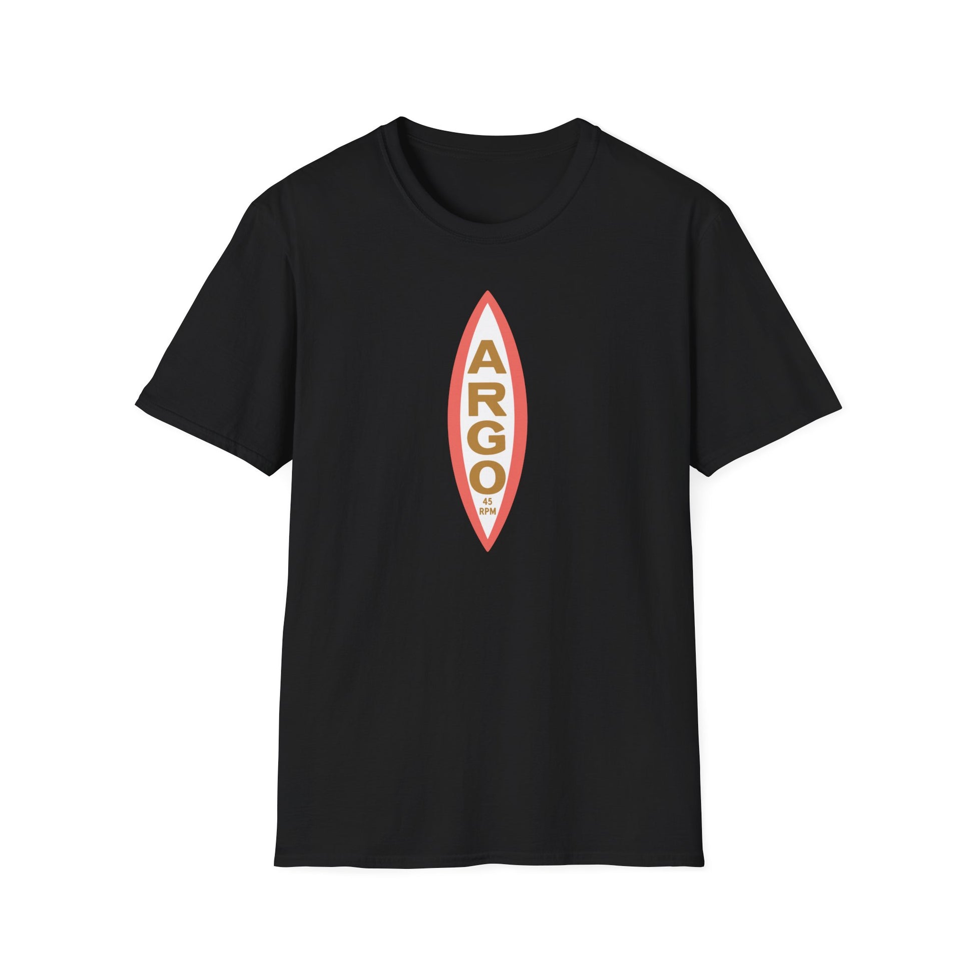 Black t-shirt with a vertical oval logo featuring "ARGO" and "45 RPM".