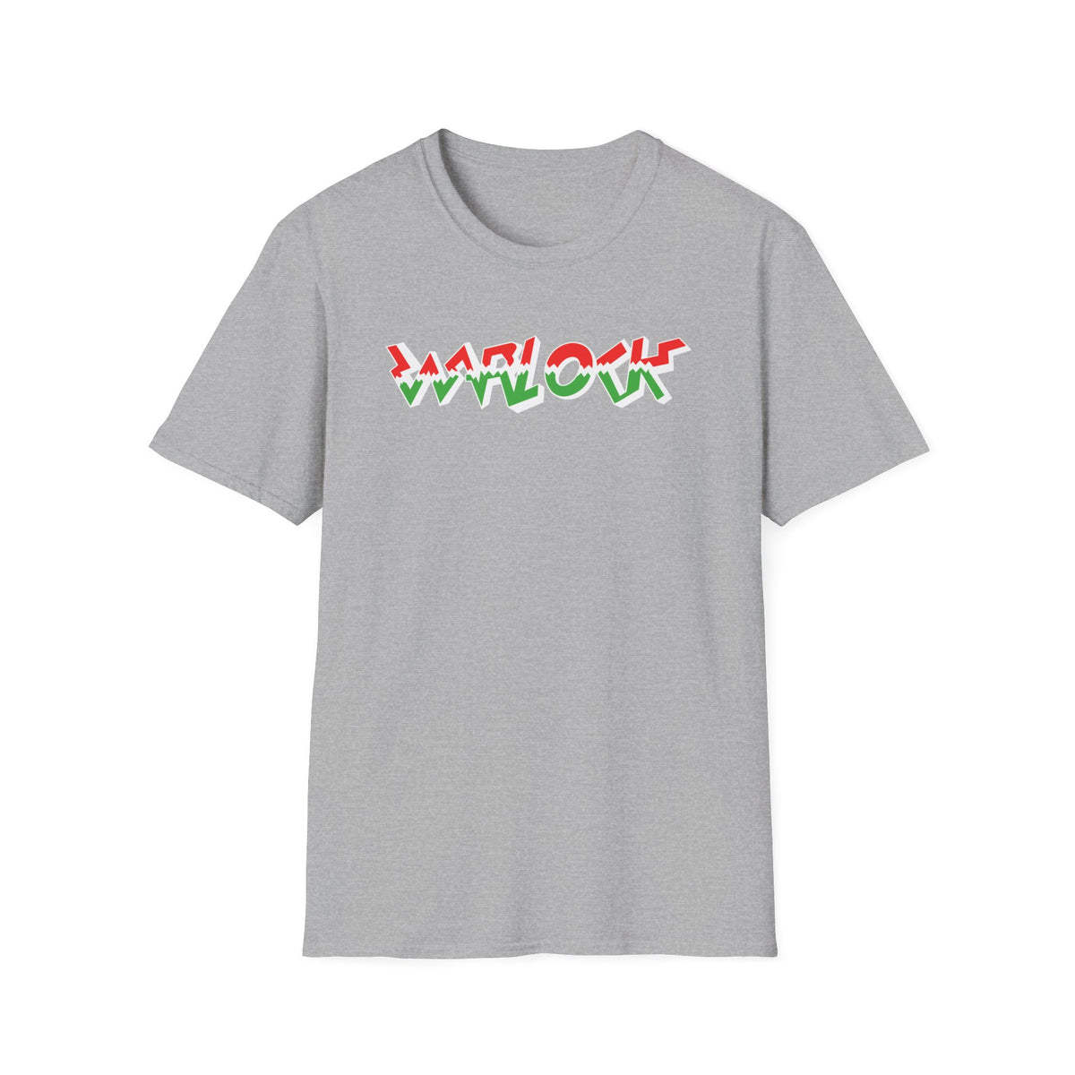 Grey t-shirt with "WARLOCK" text in red and green zigzag font.