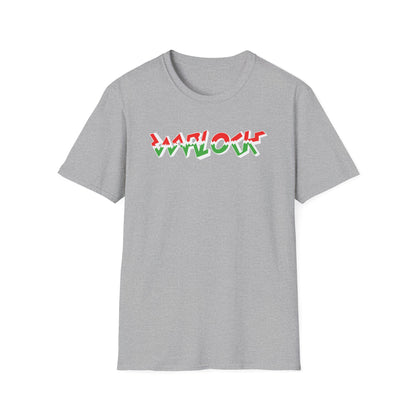 Grey t-shirt with "WARLOCK" text in red and green zigzag font.