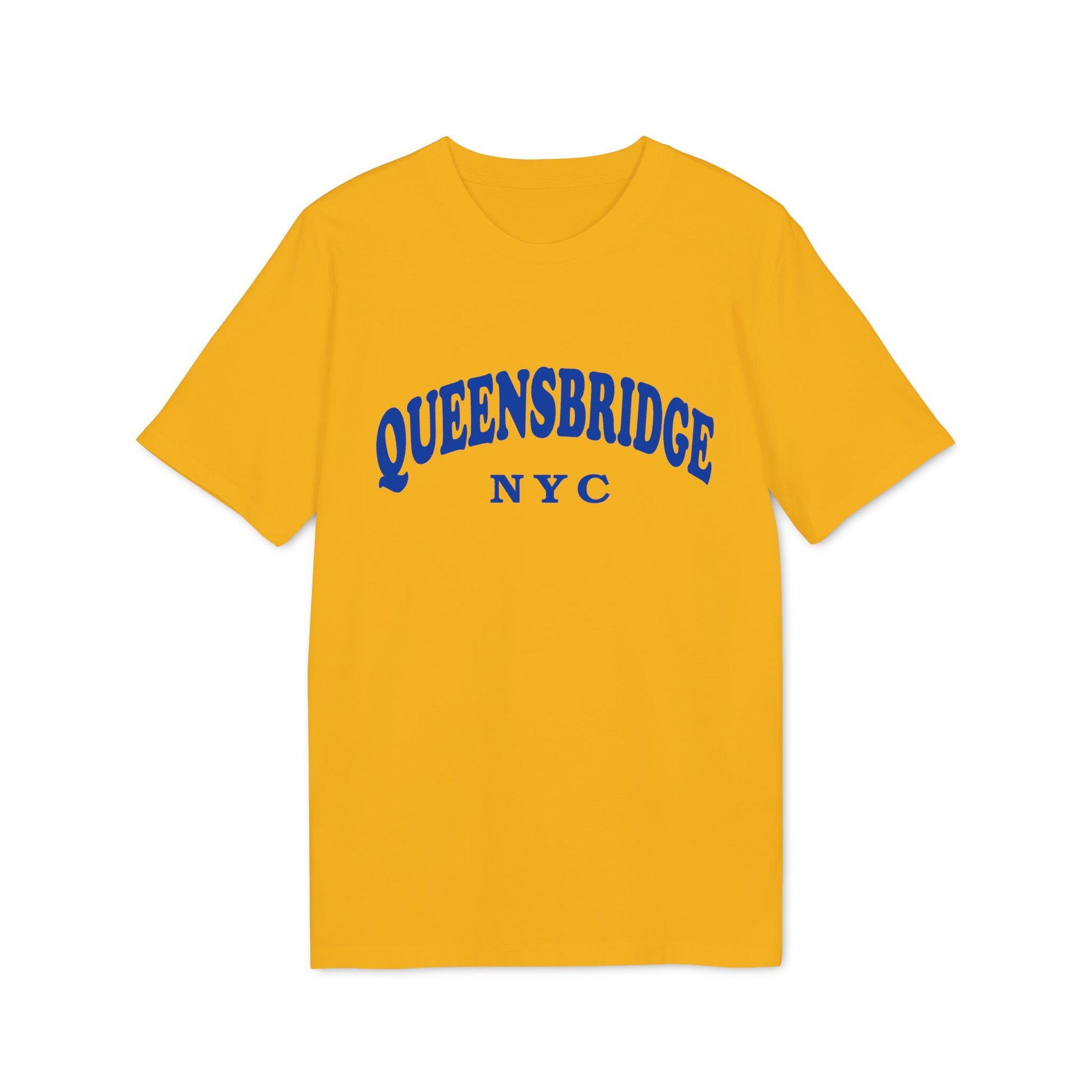 Yellow t-shirt with blue "QUEENSBRIDGE NYC" text arched across the chest.