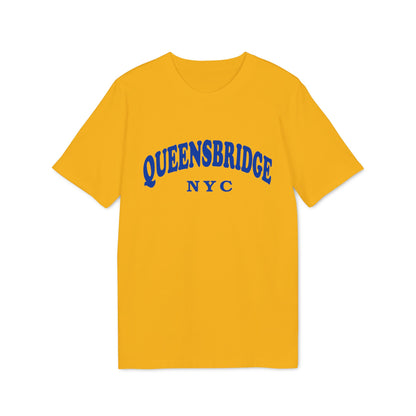 Yellow t-shirt with blue "QUEENSBRIDGE NYC" text arched across the chest.