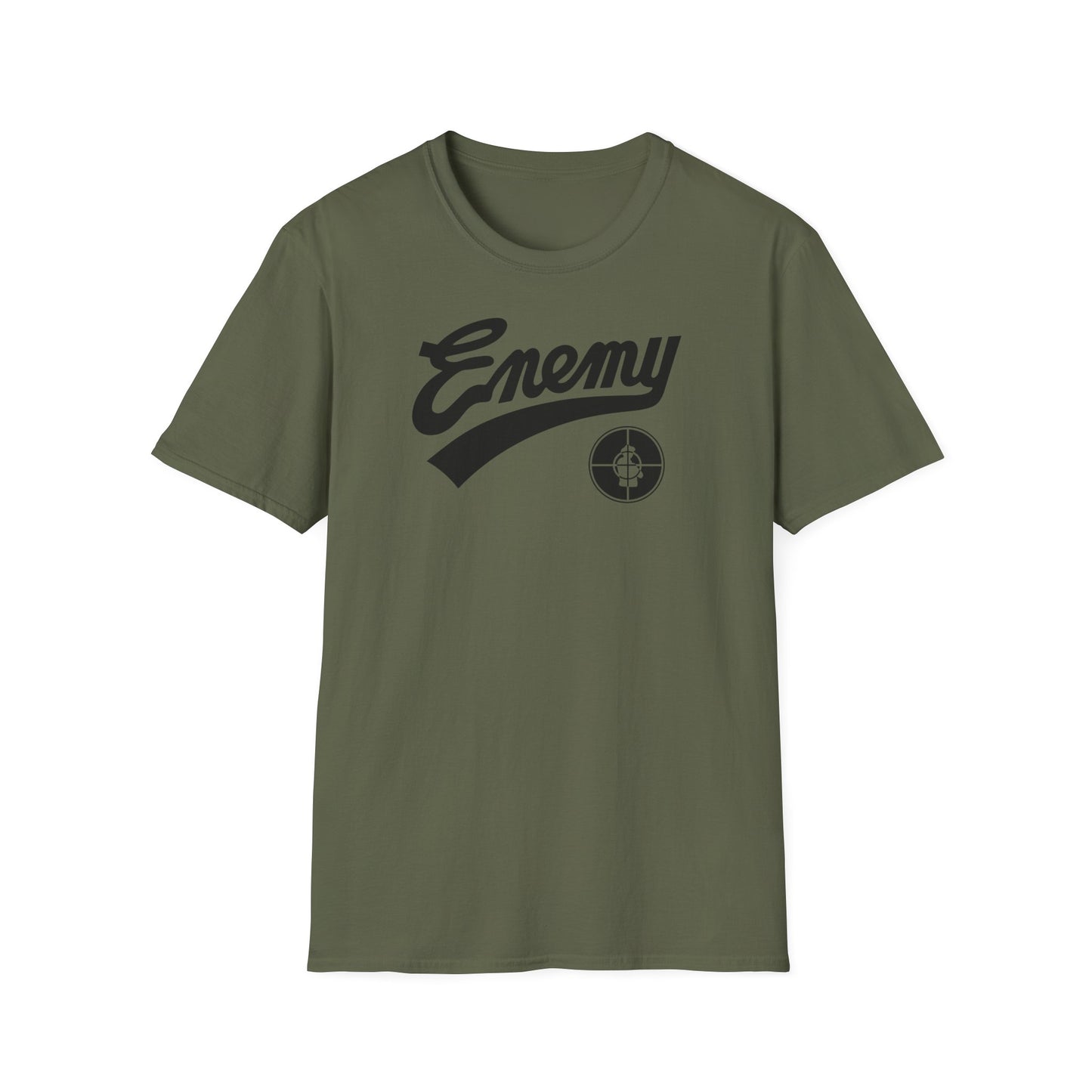 Olive green t-shirt with black "Enemy" text and target logo.
