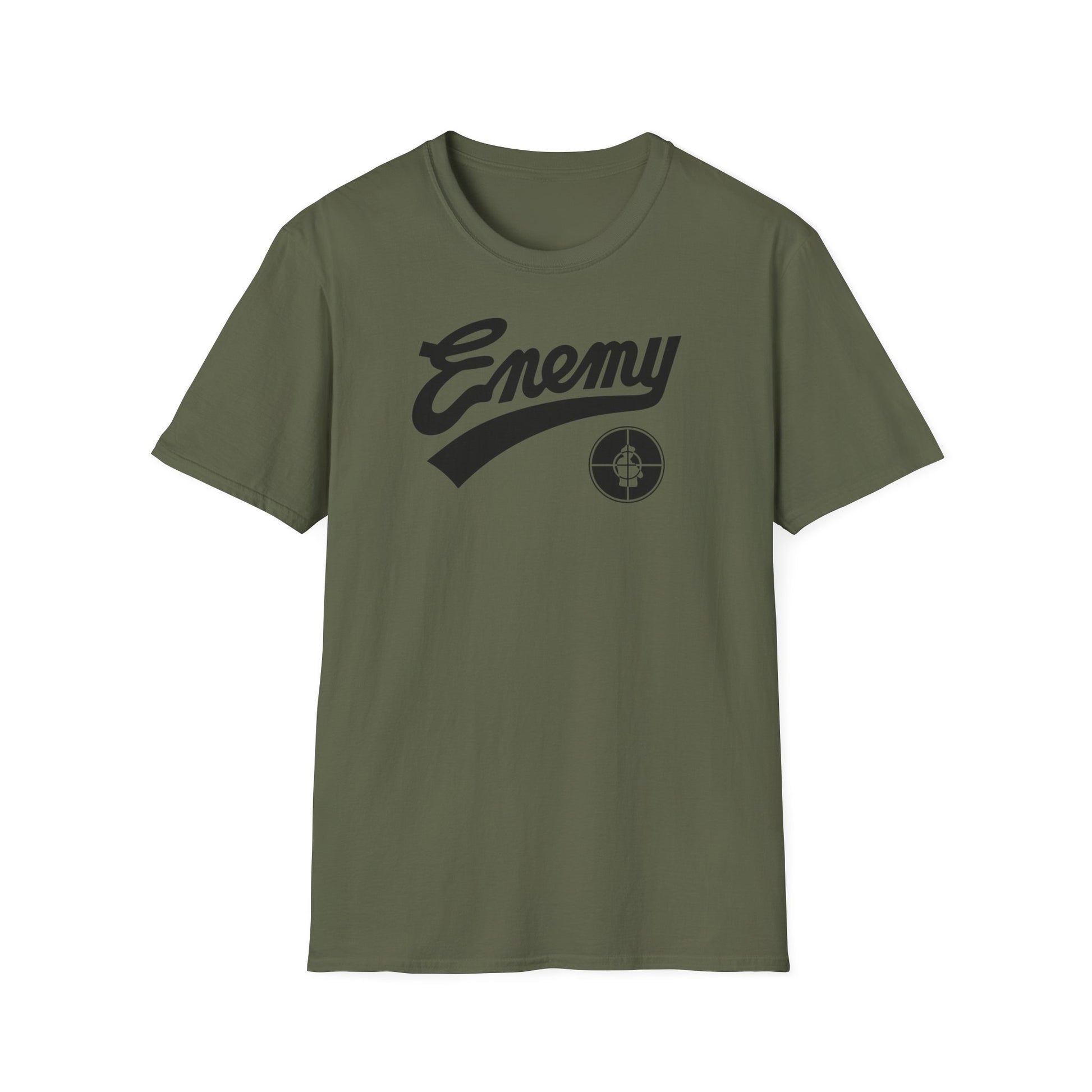 Olive green t-shirt with black "Enemy" text and target logo.