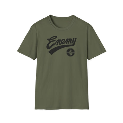 Olive green t-shirt with black "Enemy" text and target logo.