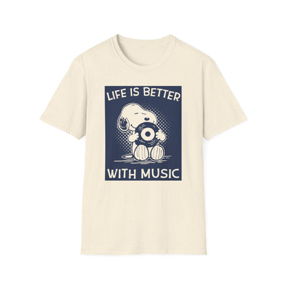 Snoopy holding a vinyl record with text "Life is Better With Music".