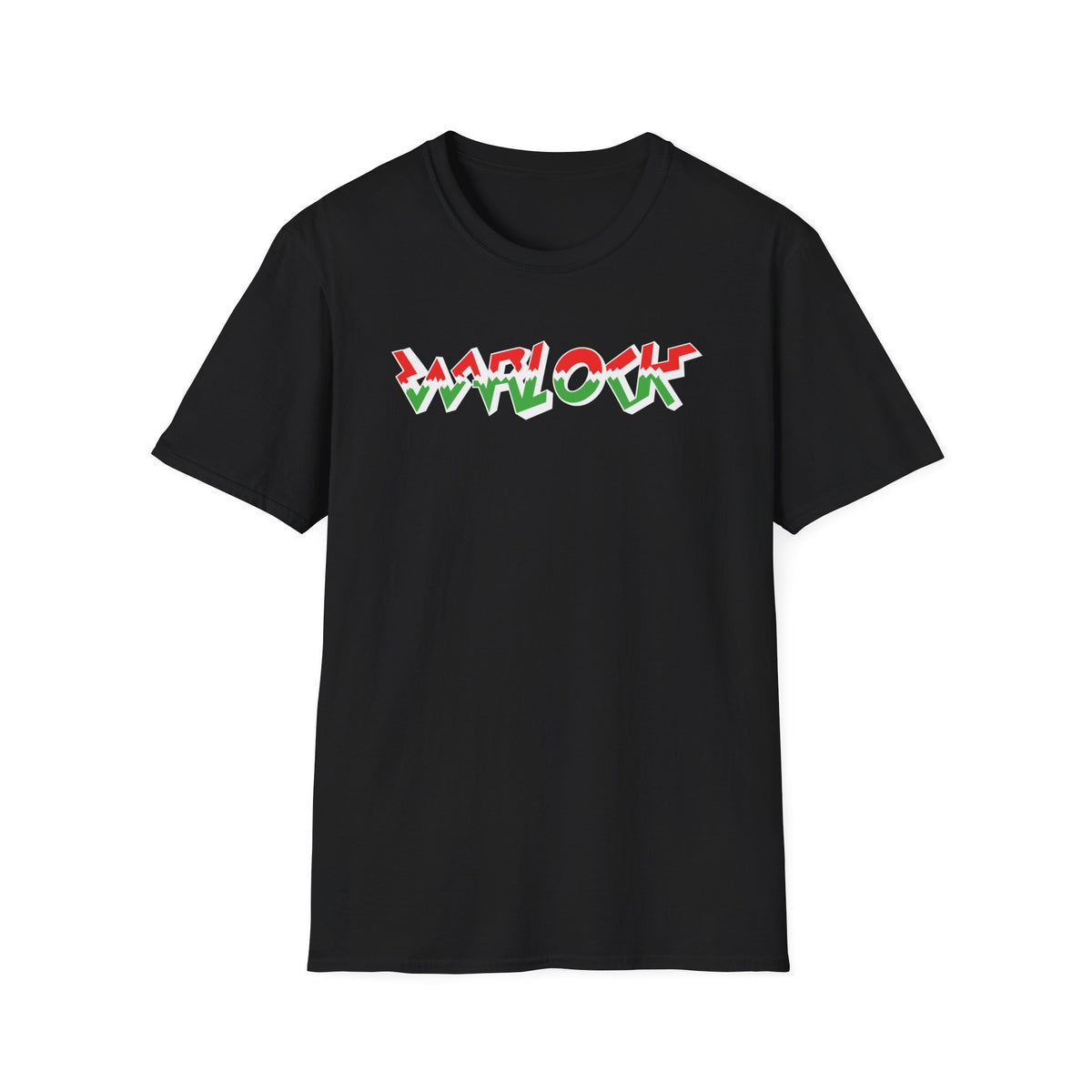 Black t-shirt with red, white, and green "WARLOCK" text in a stylized font.