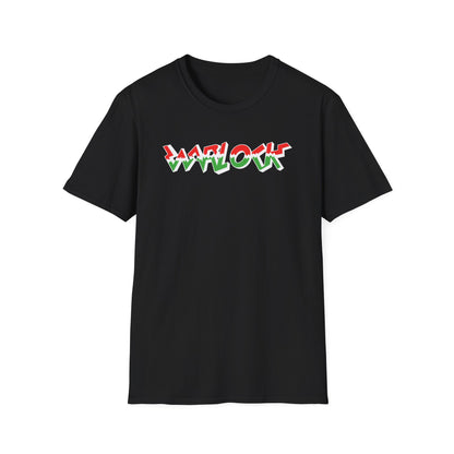 Black t-shirt with red, white, and green "WARLOCK" text in a stylized font.